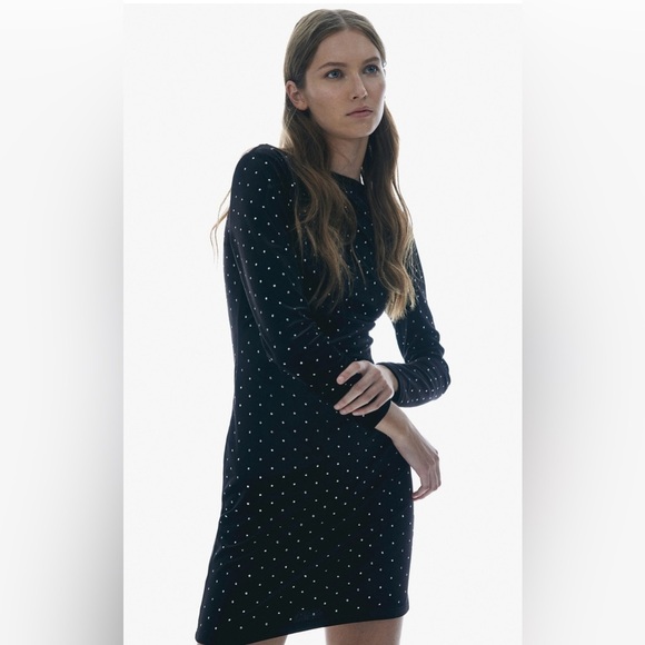 H&M Black Boat Neck Velvet Dress with silver studded Dots - Picture 1 of 7